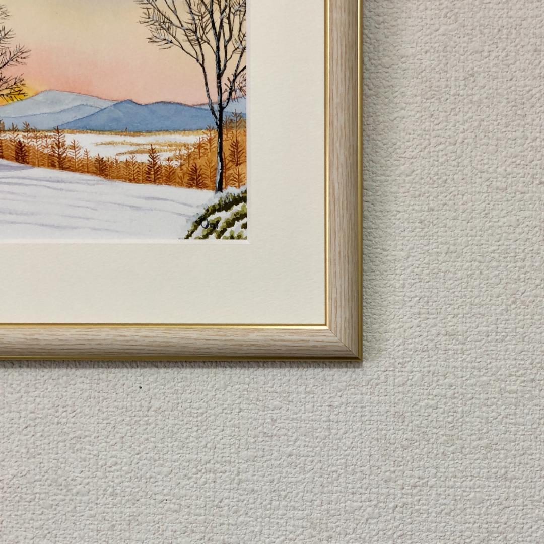 透明水彩画　原画　「雪景色・穏やかな朝」額縁付　SMサイズ　風景画