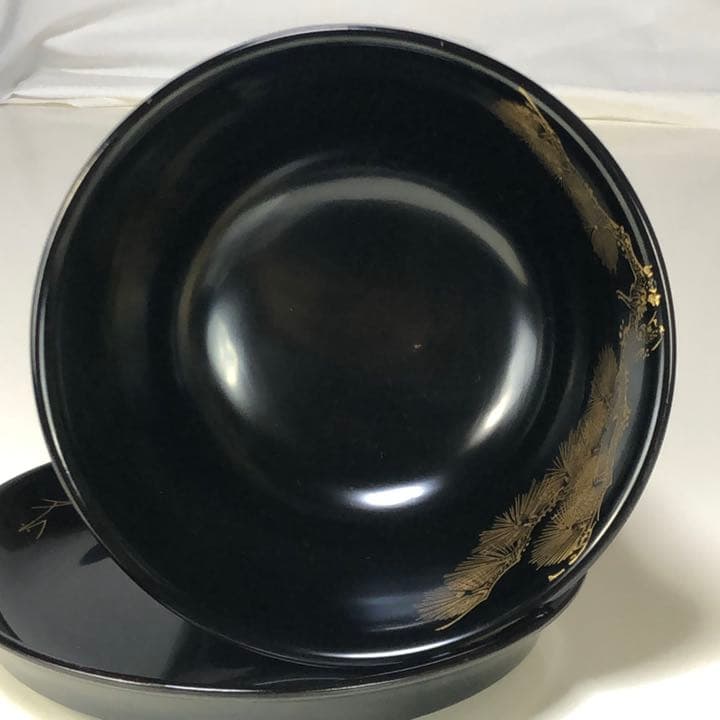 木製漆器沈金松双鶴皿付き盃洗