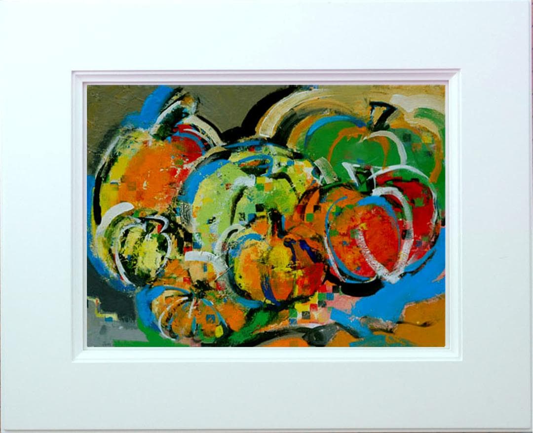 油絵菅家令子絵 絵画インテリア額付(青緑＋金色の枠)uF6-061303かぼちゃ