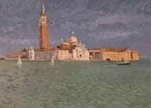【真作】絵画　油彩4号　ベニス風景　ヴェネツィア風景画　海と教会の風景　X27