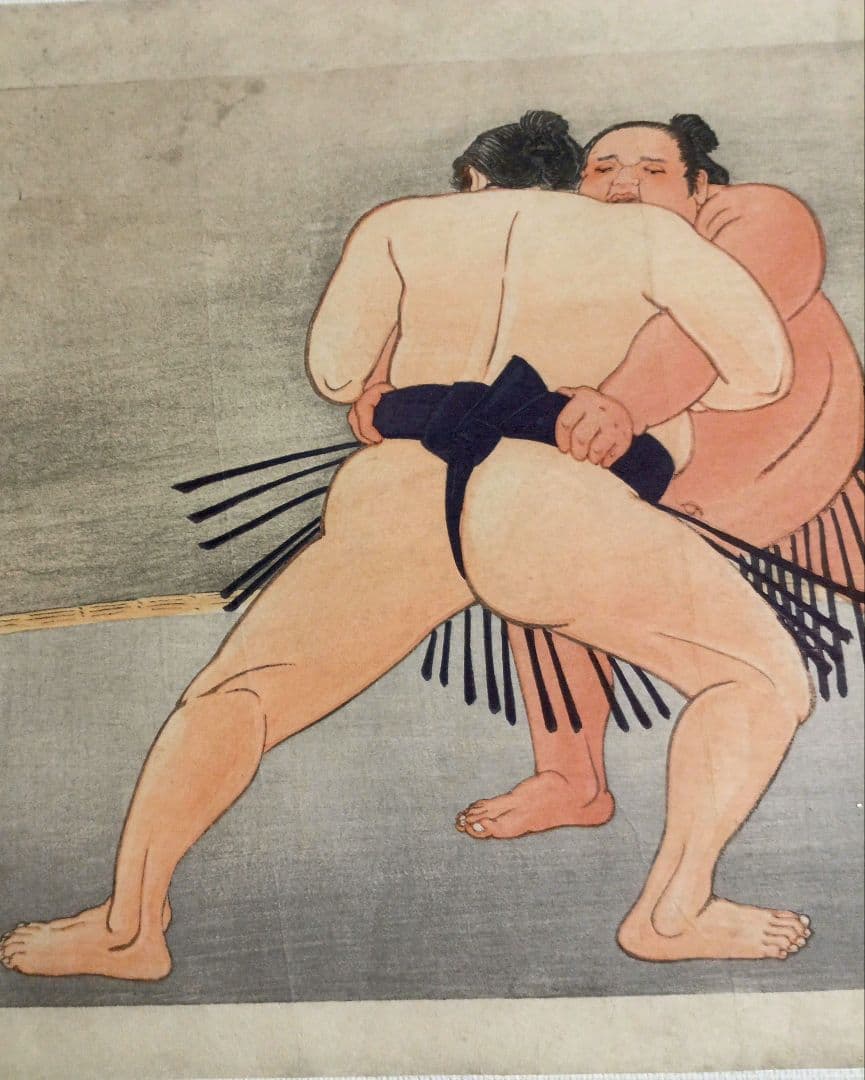 鰭崎英朋、 稀木版画相撲四十八手 双差し梅ケ谷&常陸山昭和15年頃出版