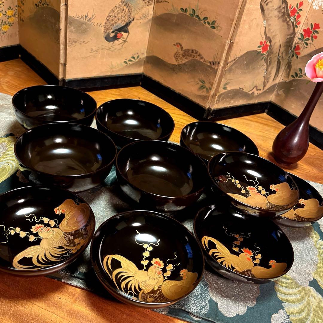 A914 木製輪島塗　潤み色　隠し絵蒔絵　閑古鳥蒔絵　鶏　5客