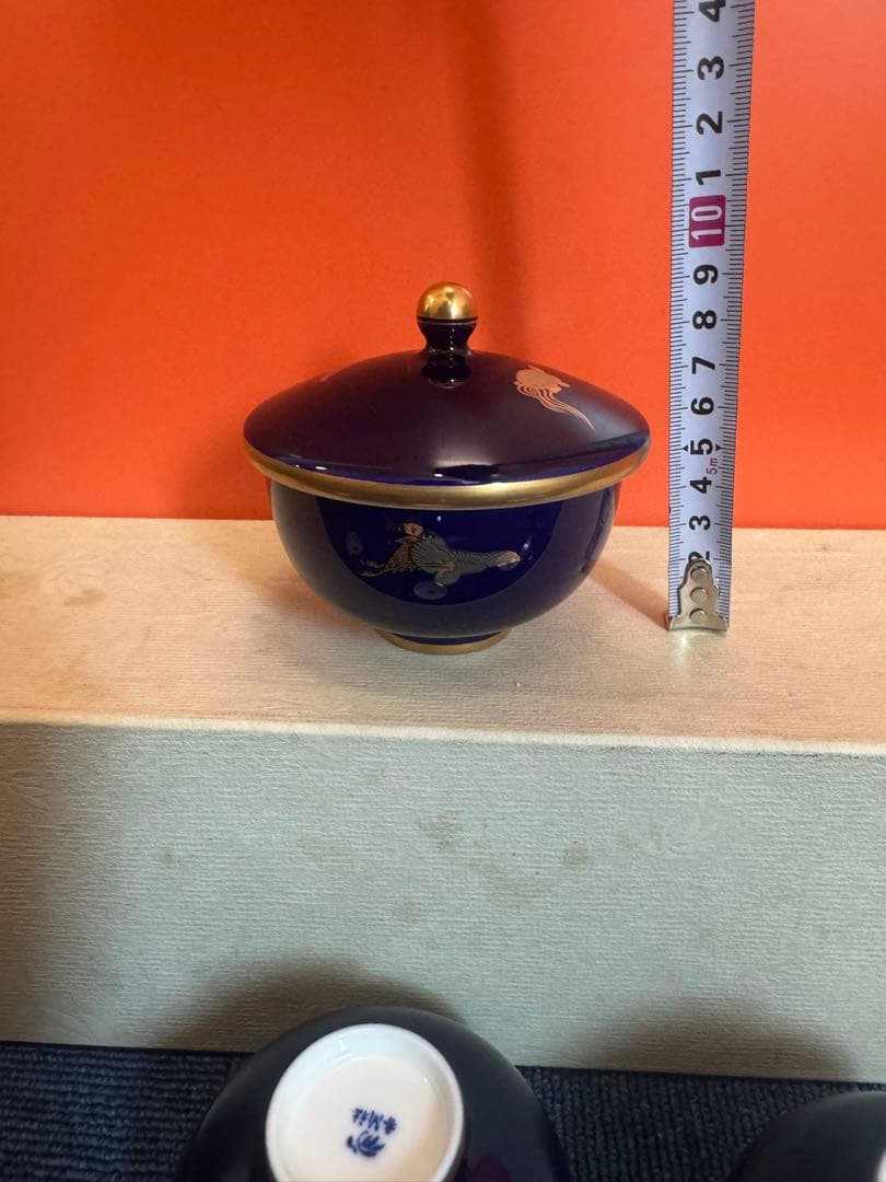 1882 香蘭社　瑠璃鶴亀　湯呑蓋付　5客　金彩　未使用