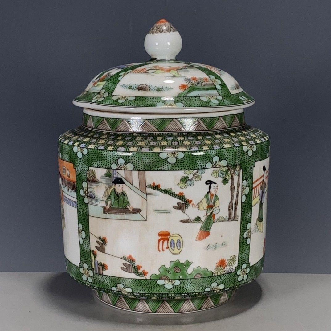 パステル人物故事紋缶 茶道具 景徳鎮 陶磁器 装飾品 現代工芸品 美術品 置物