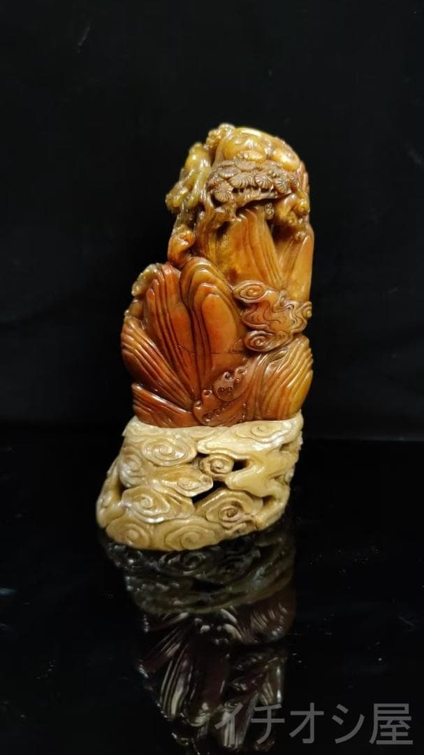 瑞獣印鑑の｜寿山石・紅絡田黄の印章｜耐青作款｜天然赤紋｜細密彫｜風水置物｜書道