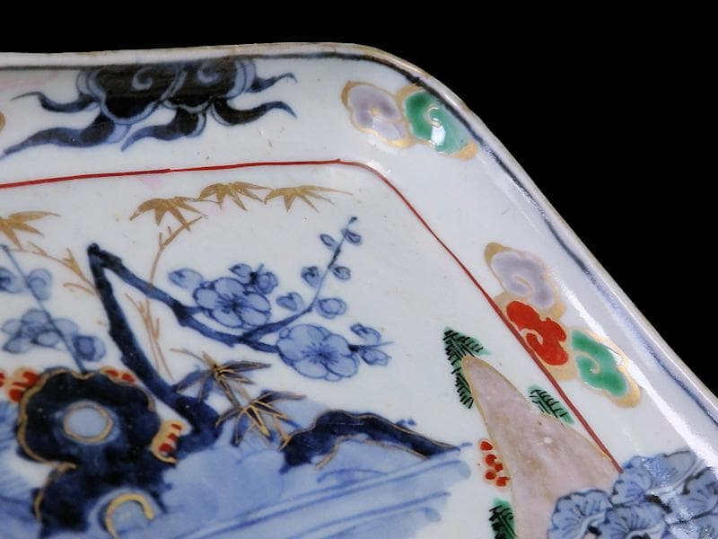 古伊万里　染錦　山水に松竹梅の図　角皿　F064AS-CQu