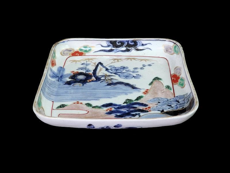 古伊万里　染錦　山水に松竹梅の図　角皿　F064AS-CQu