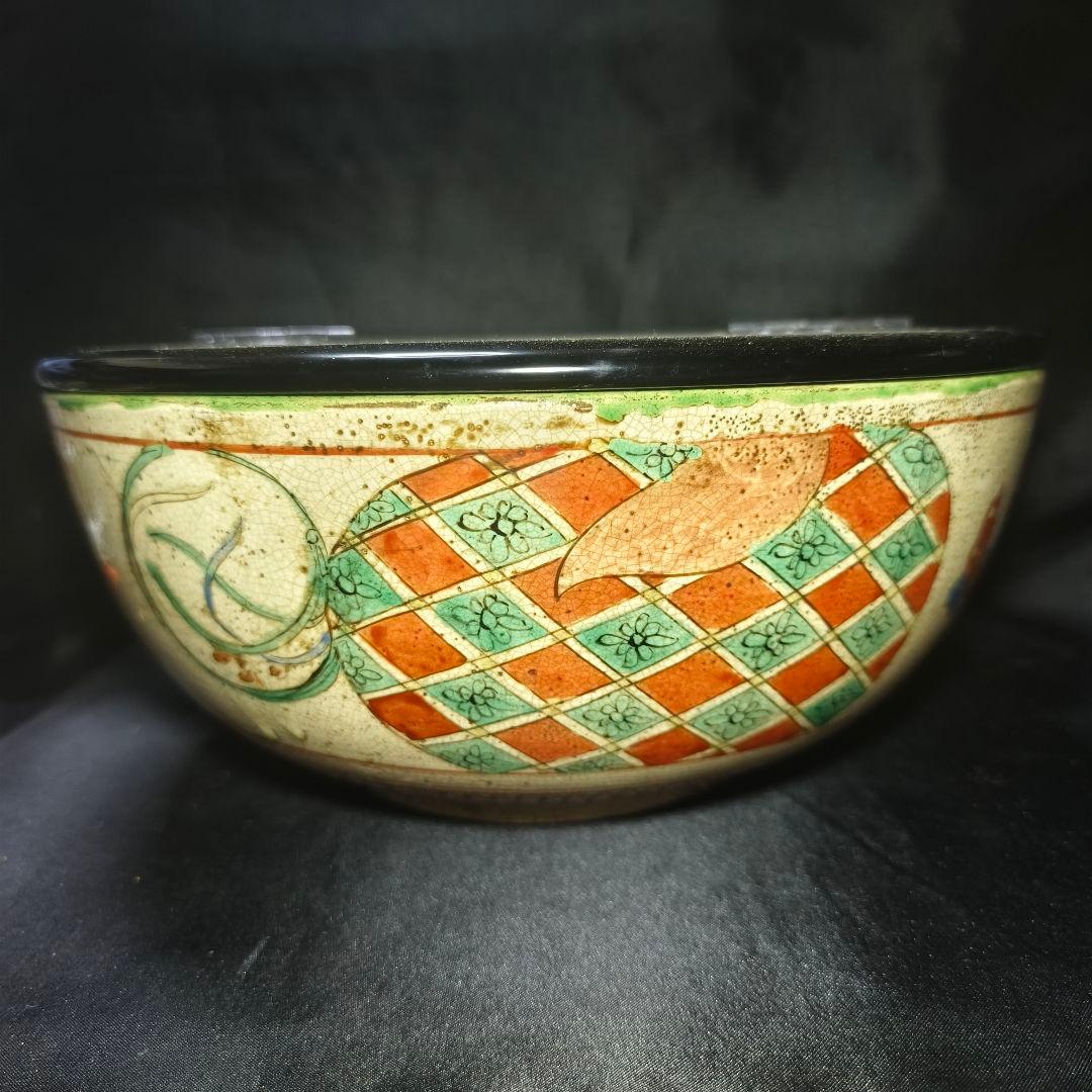 茶道具 古九谷焼 色絵水指 手描き花丸文 幕末骨董 木製漆蓋 桐箱入旧家蔵出し