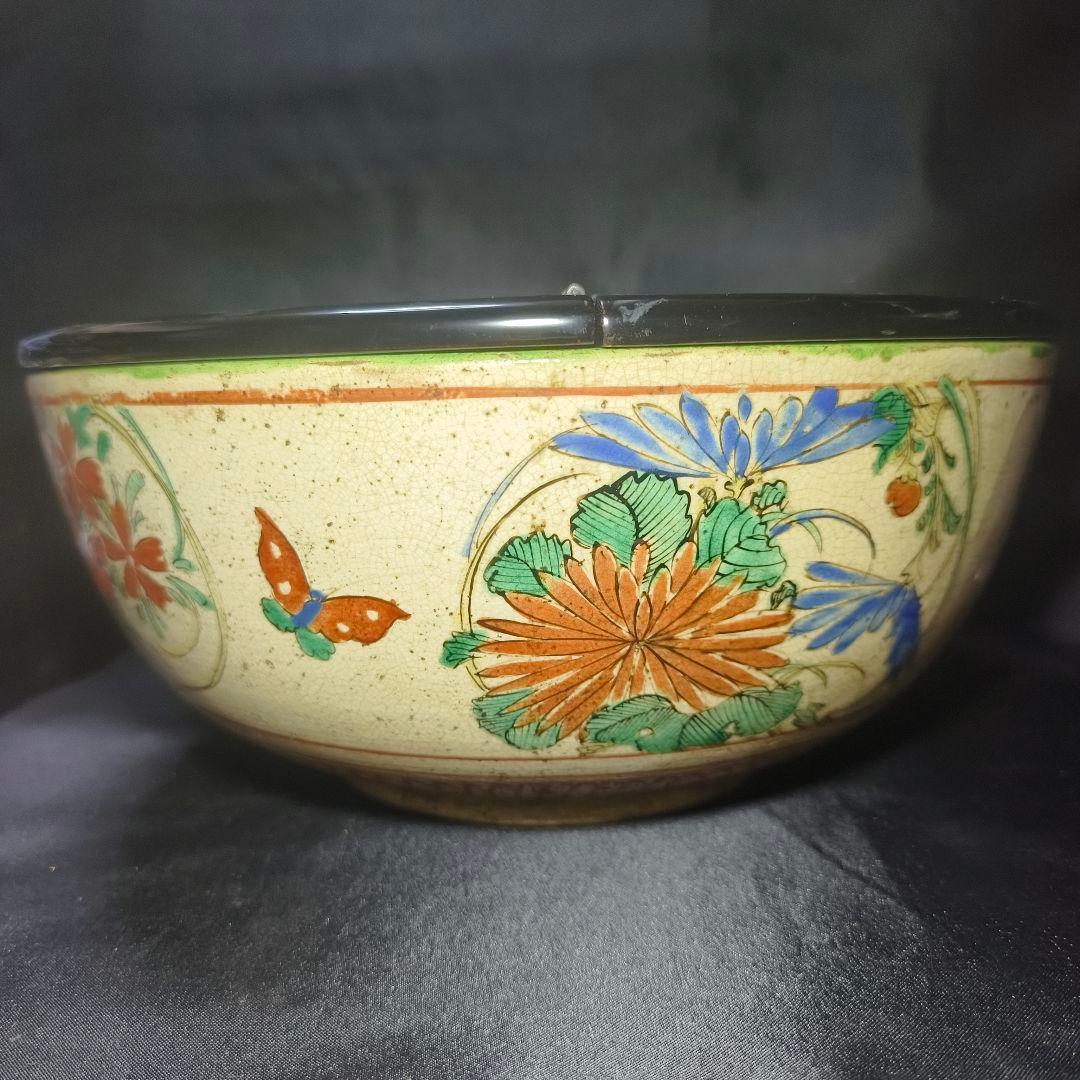 茶道具 古九谷焼 色絵水指 手描き花丸文 幕末骨董 木製漆蓋 桐箱入旧家蔵出し