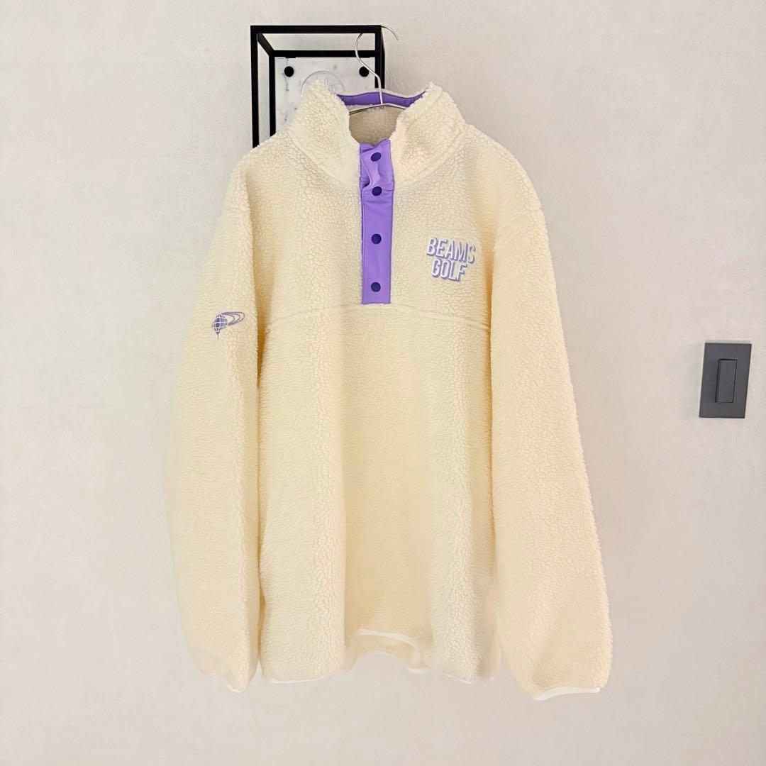 美品 ビームスゴルフ ボアジャケット ロゴ刺繍 XL ホワイト フリース 防寒