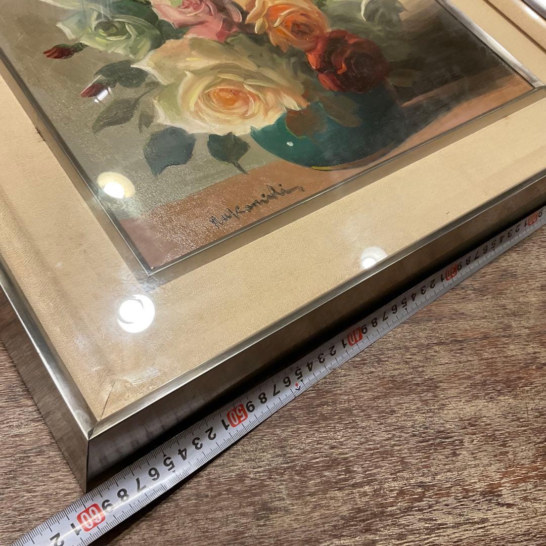 中西利雄 薔薇 油彩 薔薇 ばら バラ 古い油絵 キャンバス 額装品