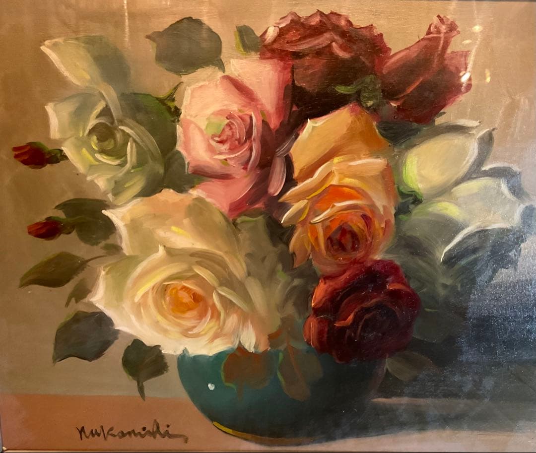 中西利雄 薔薇 油彩 薔薇 ばら バラ 古い油絵 キャンバス 額装品