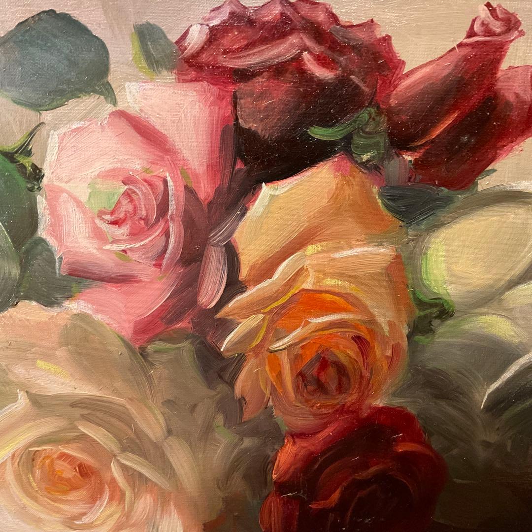 中西利雄 薔薇 油彩 薔薇 ばら バラ 古い油絵 キャンバス 額装品