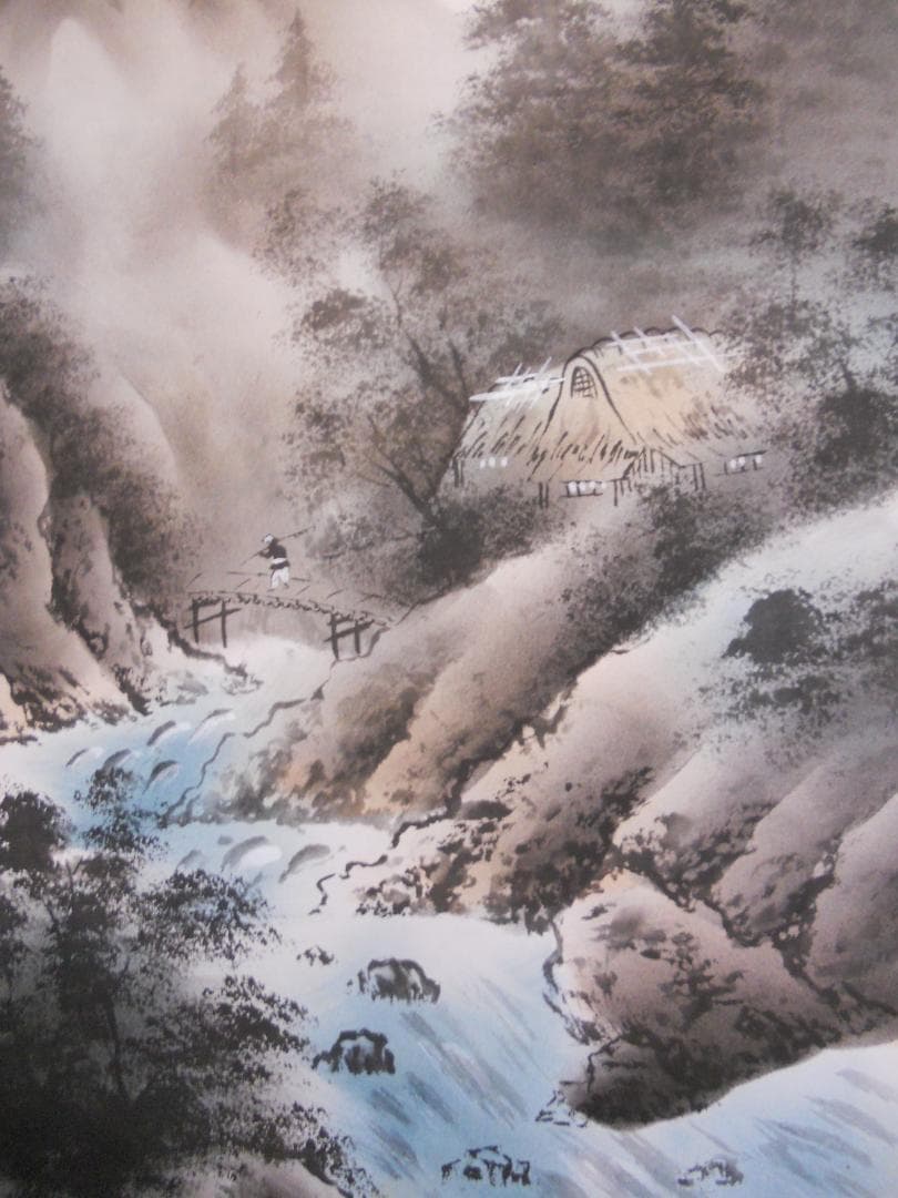 掛け軸 芳水 彩色山水 絹本 希少 軸装 茶道具 掛軸 美品 です。