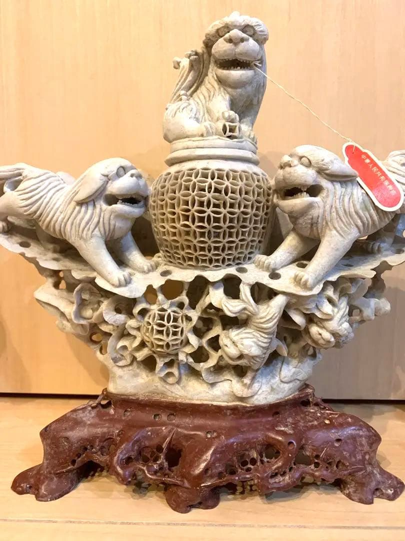『中国』天然石 青田石 骨董彫刻 アンティーク 獅子鈕蓋爐 香炉 置物（1）