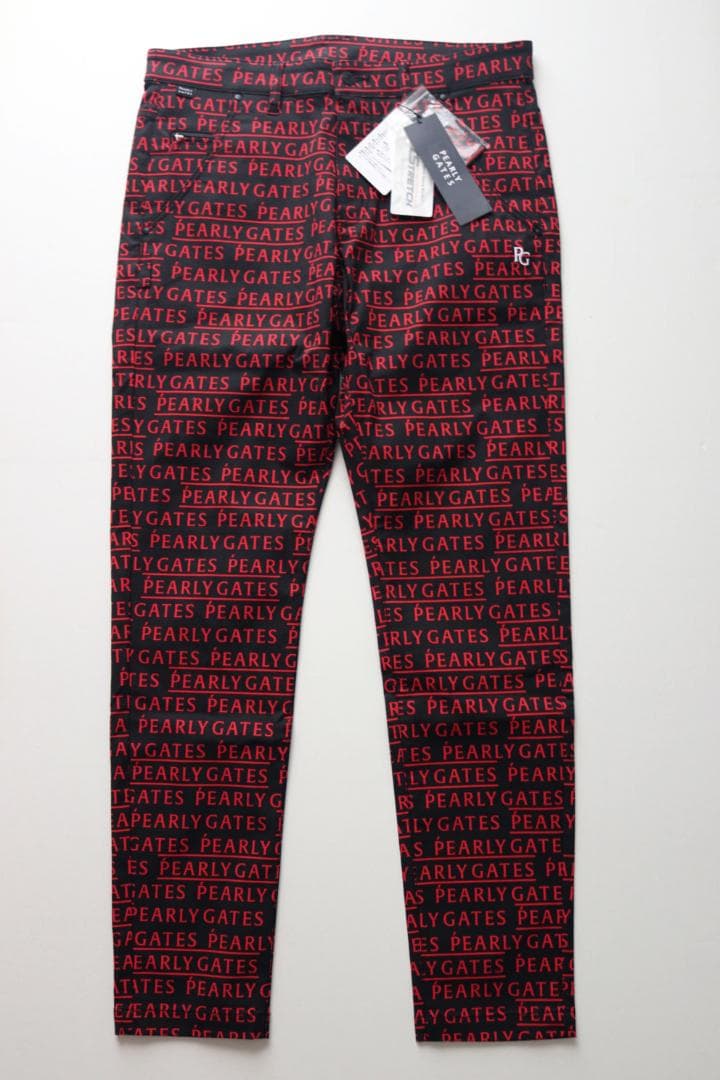 新品【パーリーゲイツ】EXストレッチ ロゴ総柄 ロングパンツ 黒 5(L)