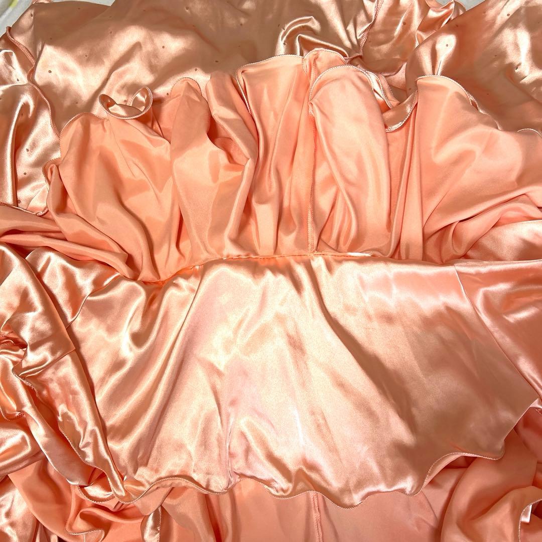 社交ダンスドレス　サーモンピンク　豪華ストーン　紫石　美品　ella 髪飾付き