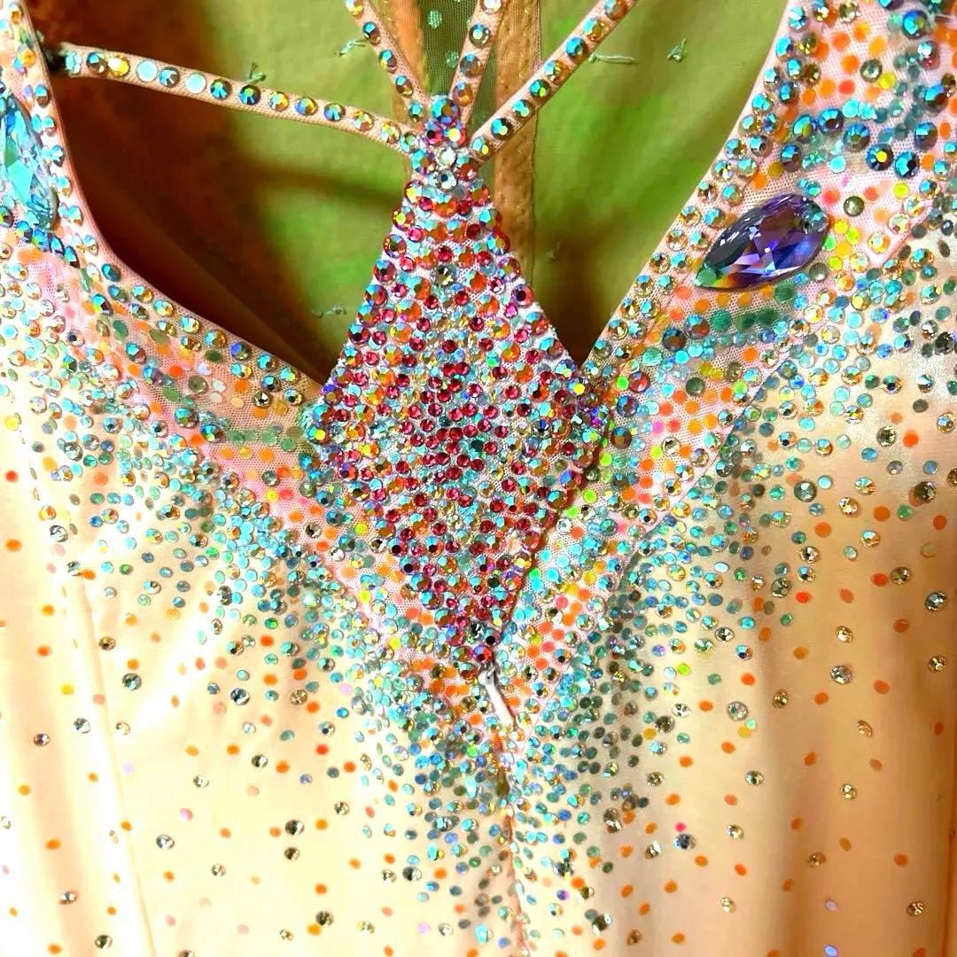 社交ダンスドレス　サーモンピンク　豪華ストーン　紫石　美品　ella 髪飾付き