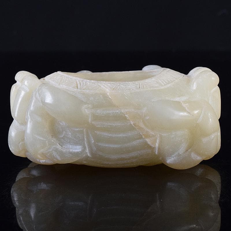 中国　玉石白玉彫刻　蟹形水孟　筆洗　V　R8258