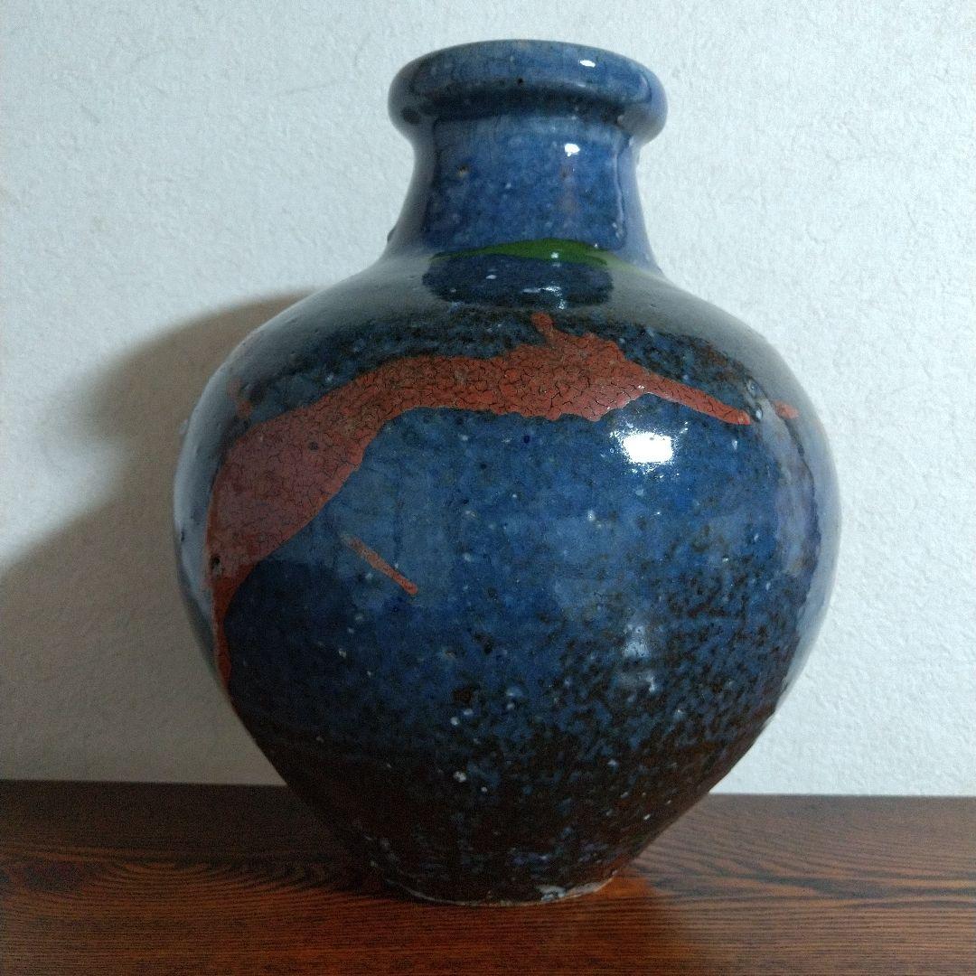 河井博次　流し掛壷 (呉須赤緑大壷)　桐共箱付