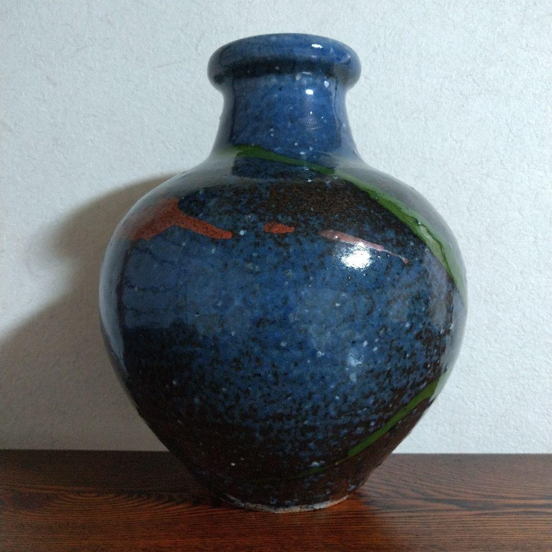 河井博次　流し掛壷 (呉須赤緑大壷)　桐共箱付