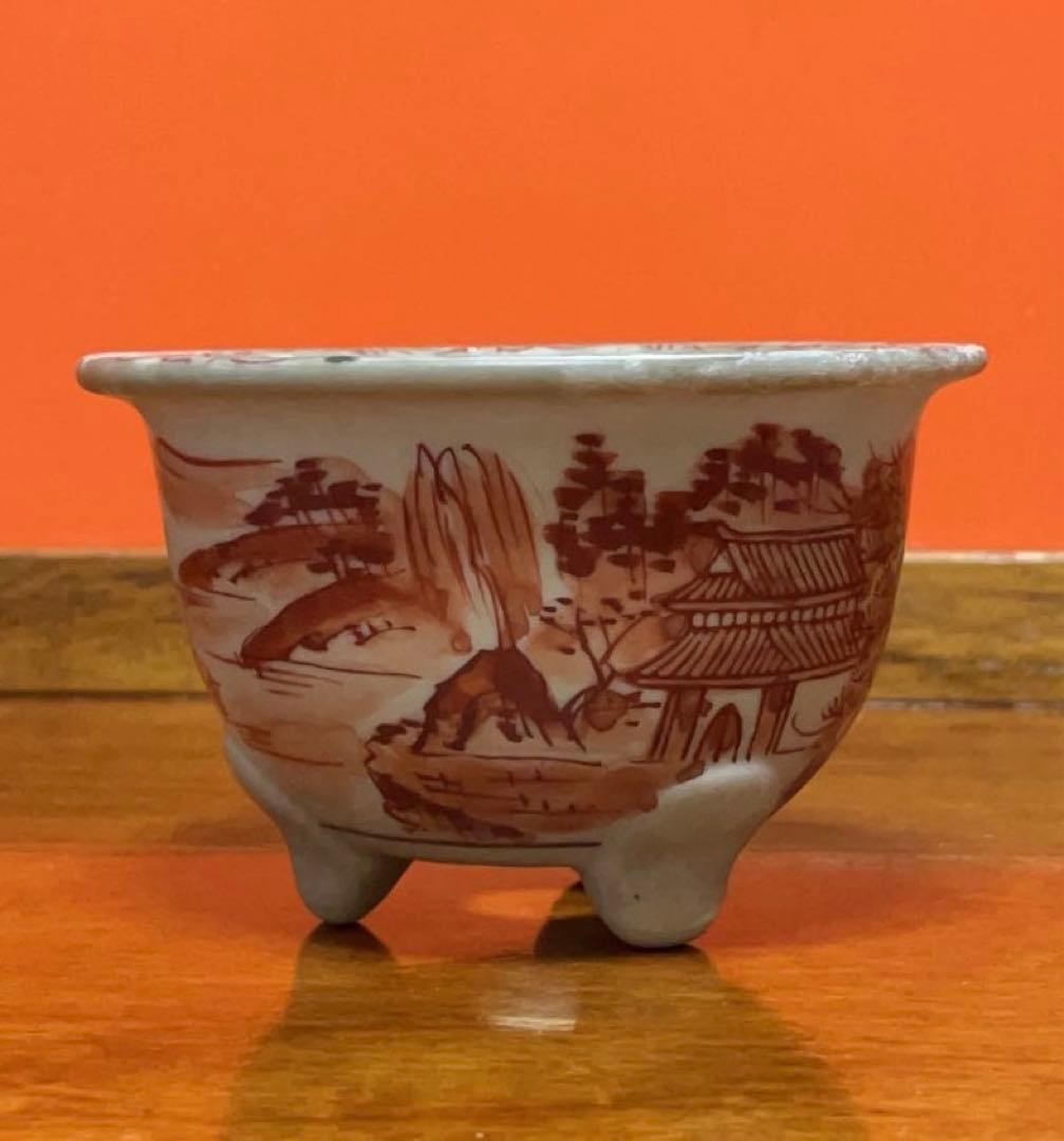 九谷雄岳　希少　赤絵山水図　九谷焼　ミニ盆栽鉢　盆栽鉢　盆栽小鉢　鉢　盆栽