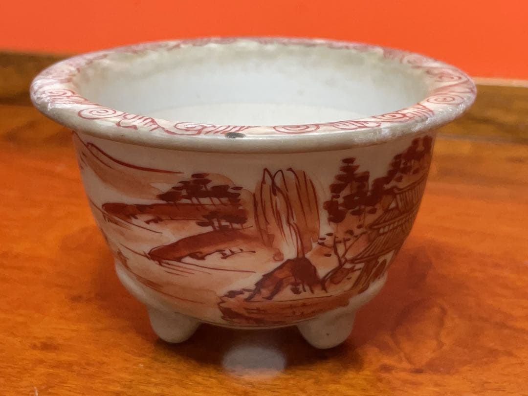 九谷雄岳　希少　赤絵山水図　九谷焼　ミニ盆栽鉢　盆栽鉢　盆栽小鉢　鉢　盆栽