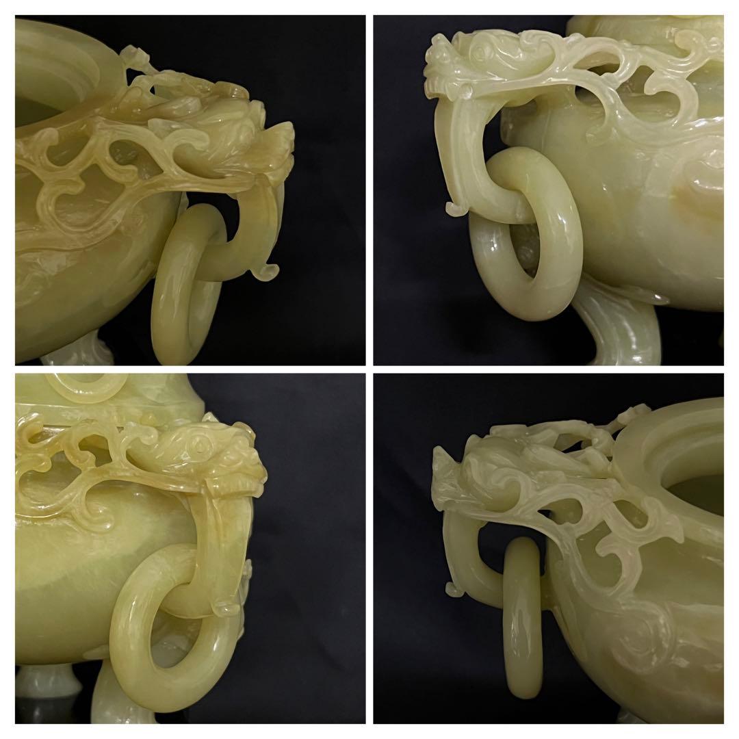 香炉　清時代　天然玉香炉　精巧な彫刻　紫檀台 BL1--3