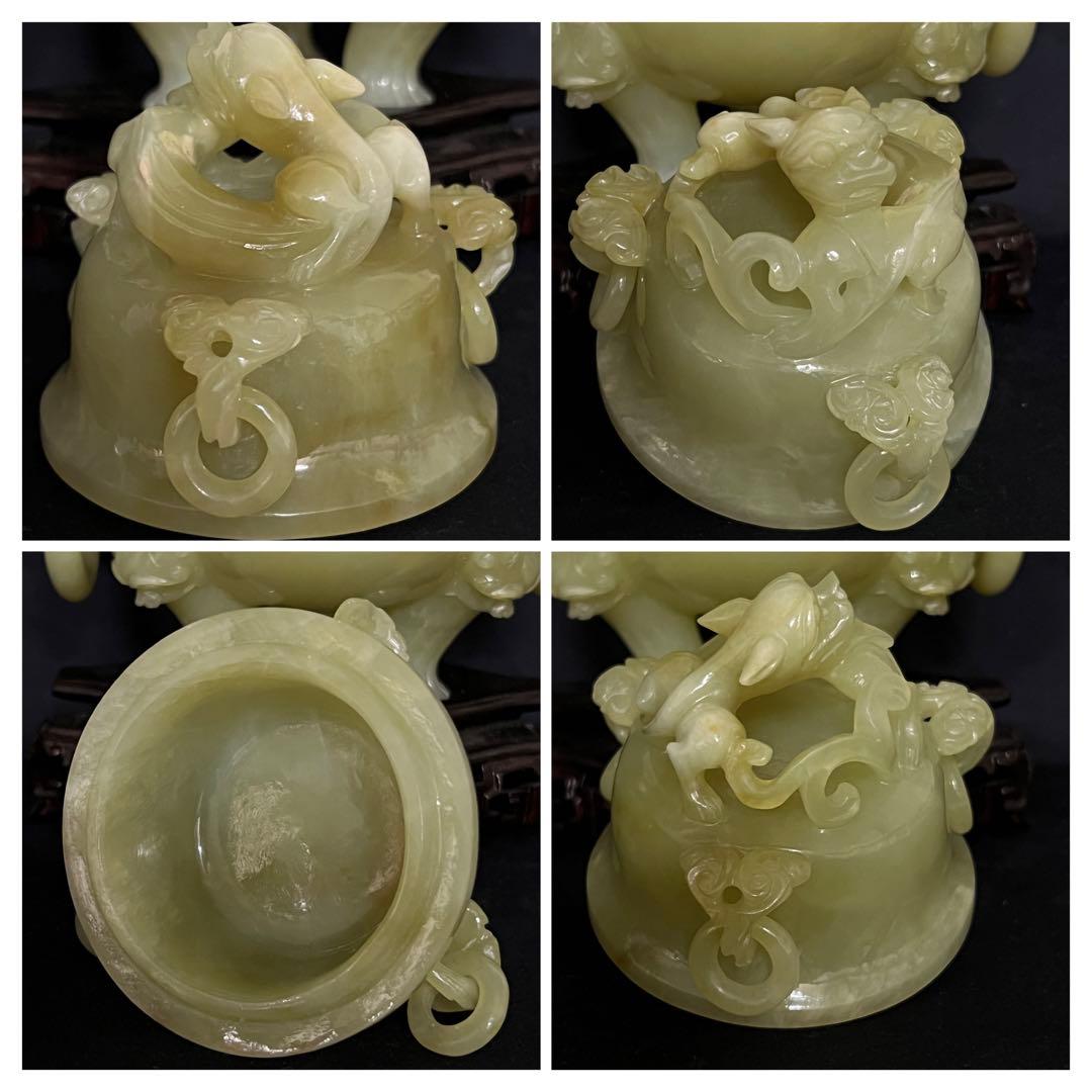 香炉　清時代　天然玉香炉　精巧な彫刻　紫檀台 BL1--3