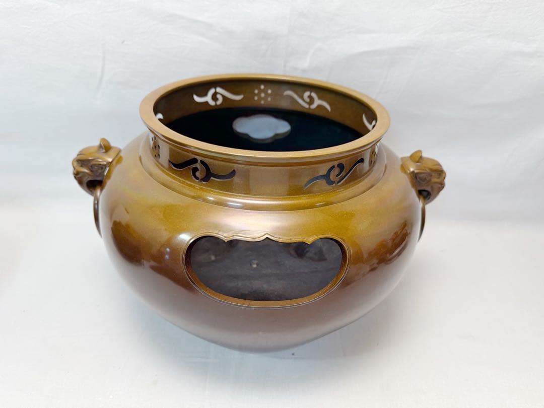 未使用 茶道具 唐銅鬼面風炉 釜師 菊地政光造 平丸釜添 野々田電熱器 釜印敷板