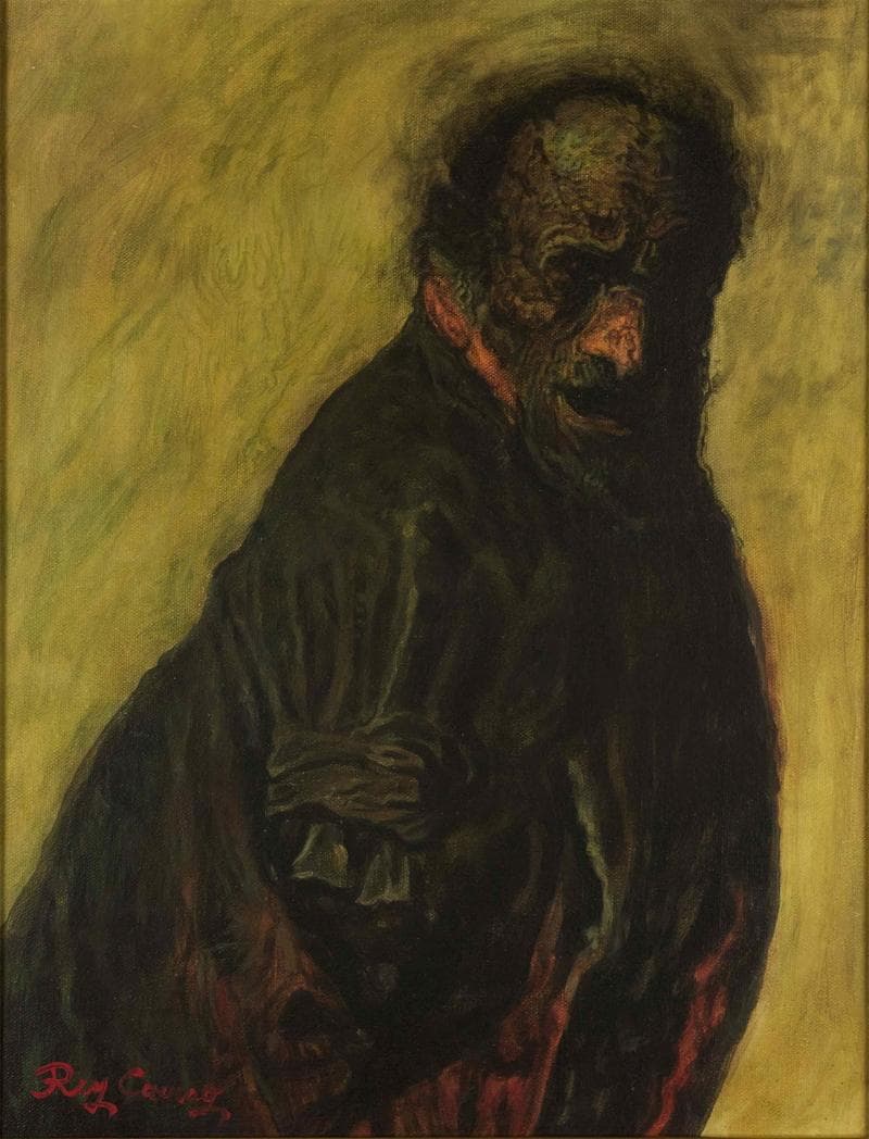 鴨居玲　油彩　肉筆『傷痍軍人』表サイン　裏サイン　F6号　額装　b458