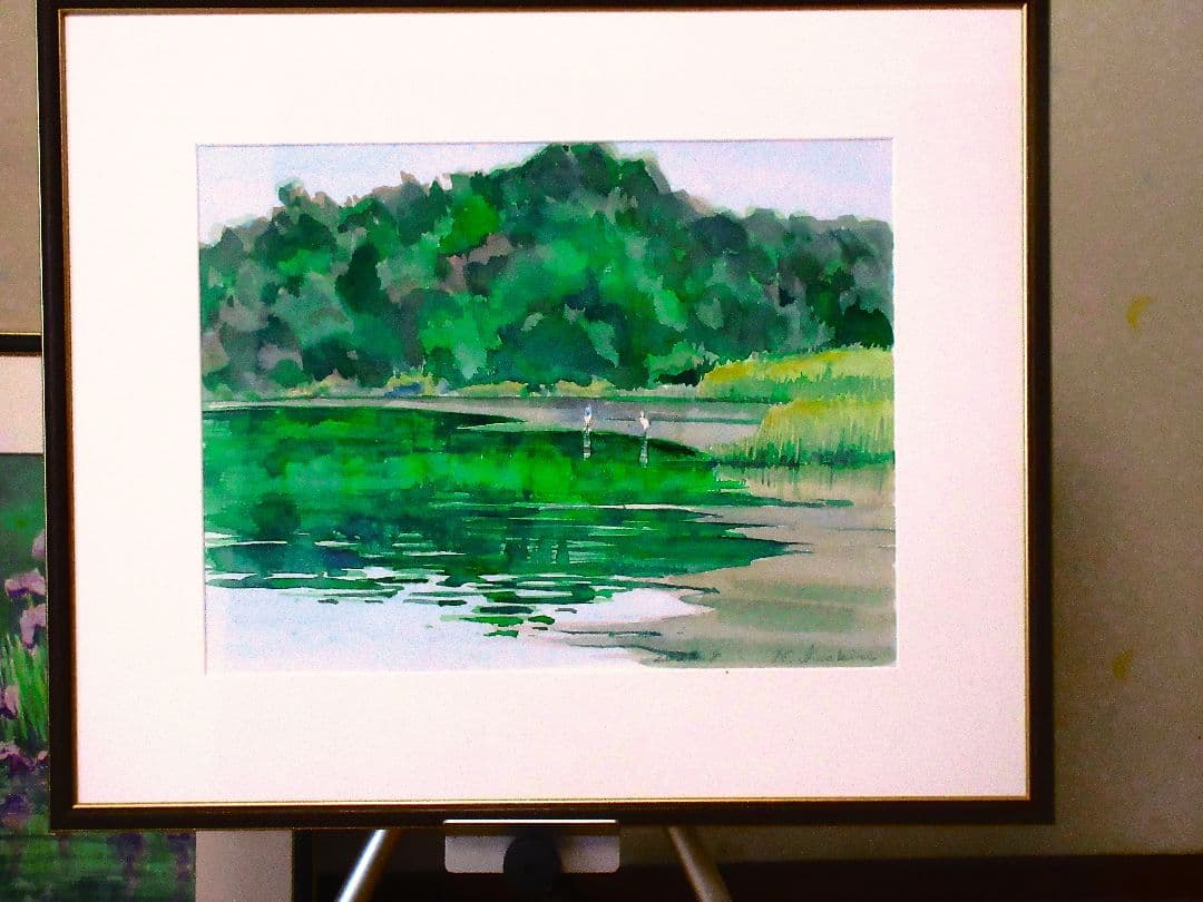 水彩画 水辺の風景 額装済み