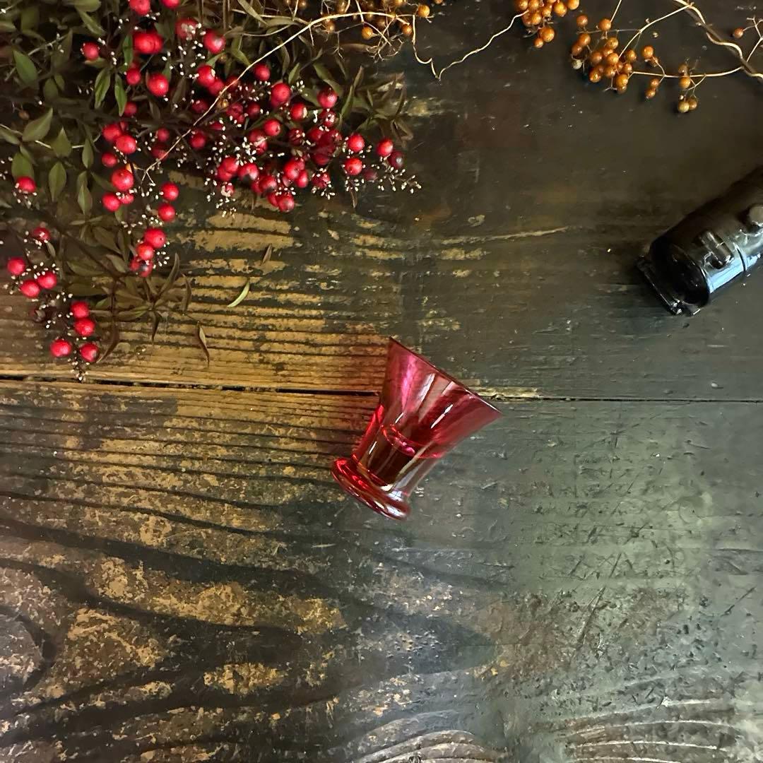 骨董　時代ガラス　希少　金赤ガラス　ラッパ型　厚底　酒器　アイスクリームコップ