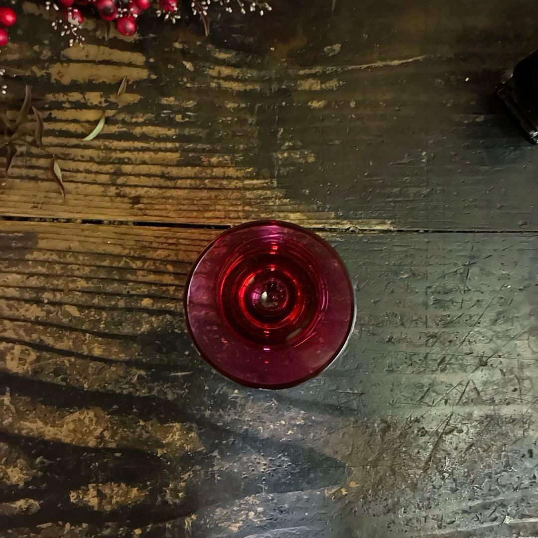 骨董　時代ガラス　希少　金赤ガラス　ラッパ型　厚底　酒器　アイスクリームコップ