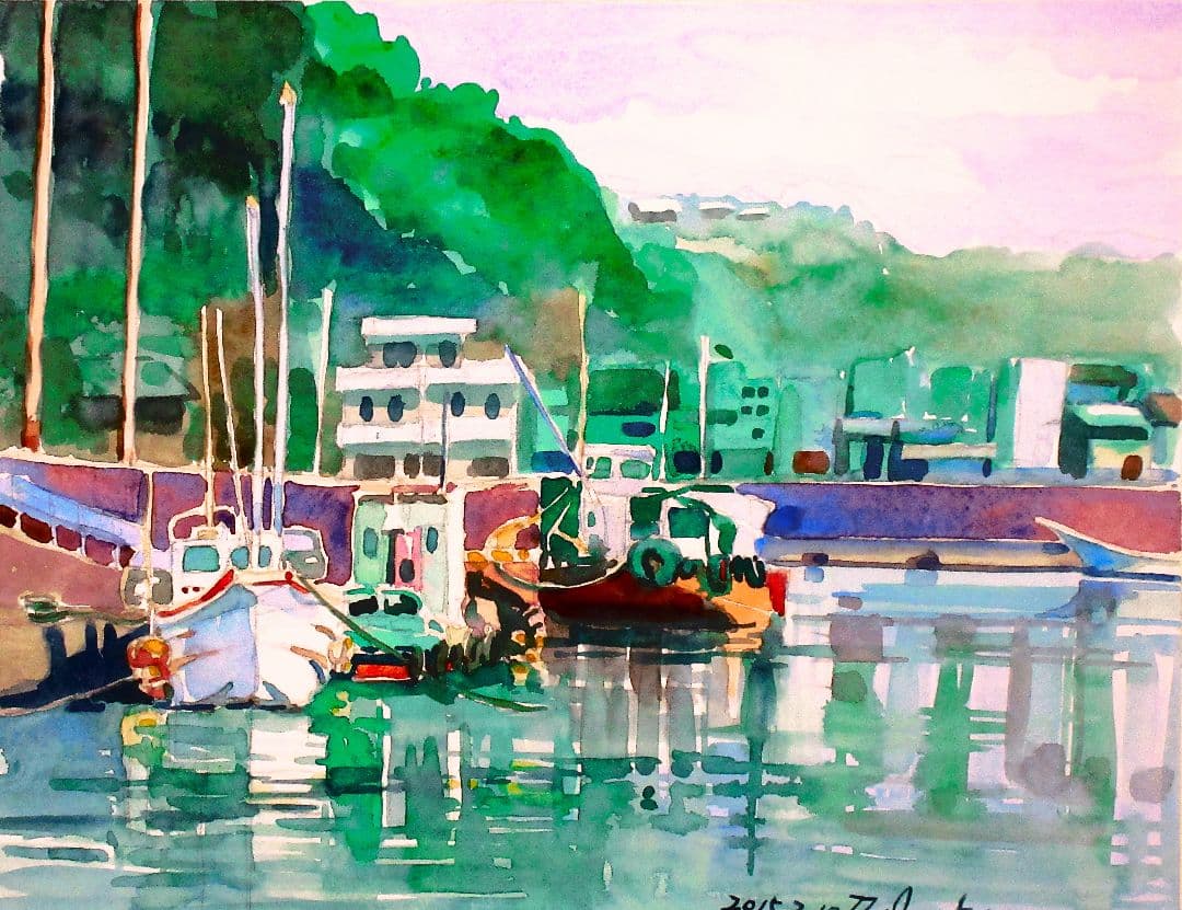 係留船(水彩画 2017年額装済み)