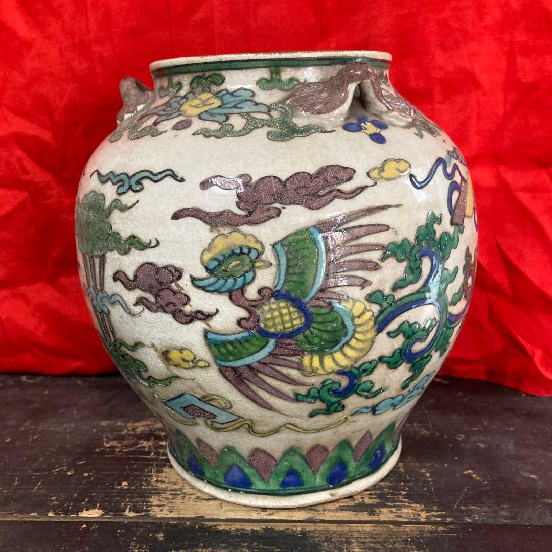 中国　色絵　三耳壺　鳳凰図