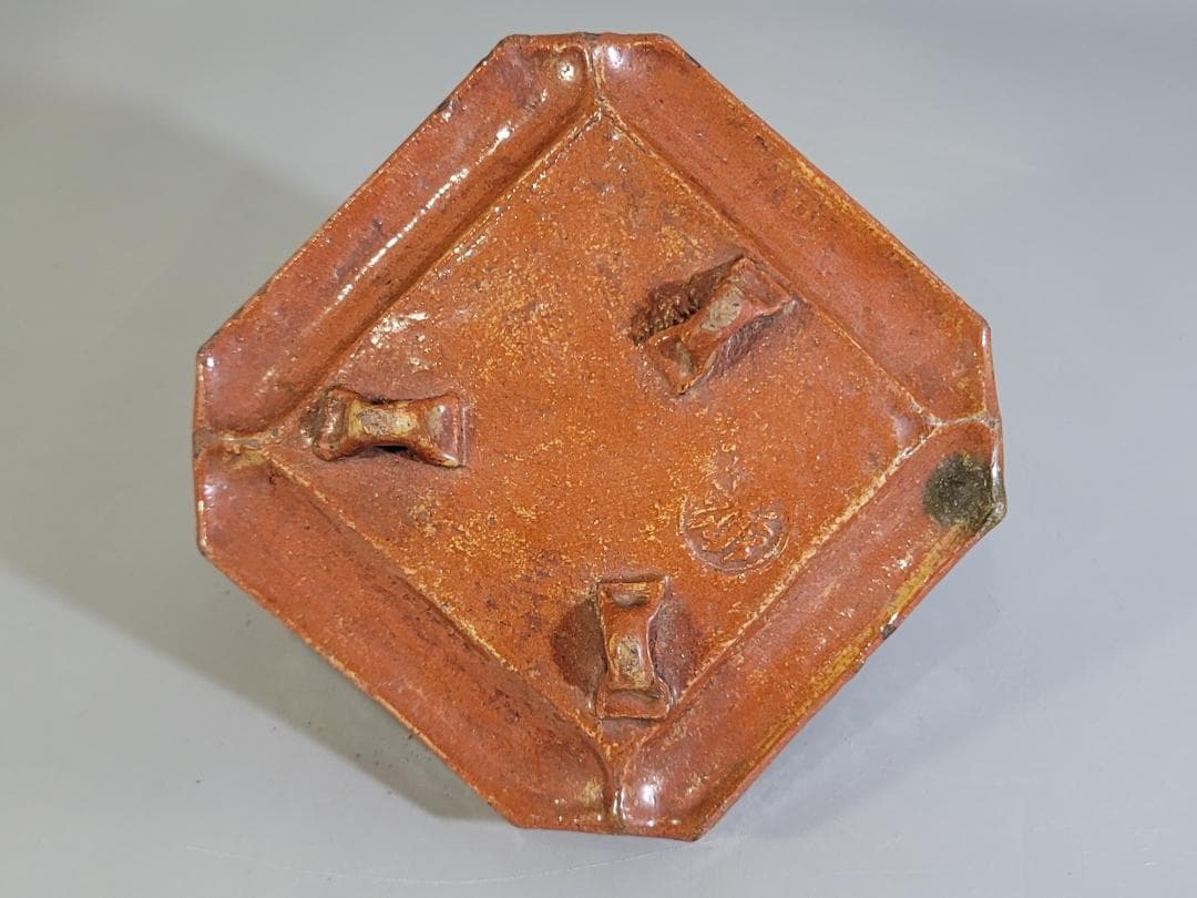 茶道具 赤楽 菊絵 手付 四方鉢 楽印 了入 古美術 DT280