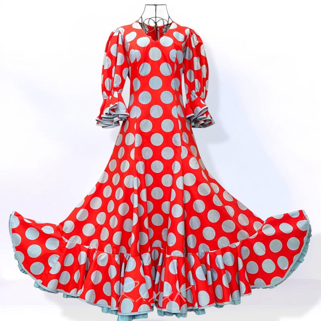 フラメンコ 衣装 ドレス ワンピース 水玉 ドット 赤 大きいサイズ