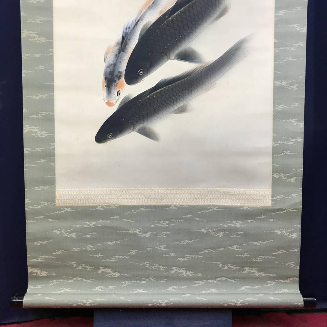 真作/森口白鯰/游鯉図/遊鯉図/鯉図/松鯉図/掛軸/名家伝来AE-387