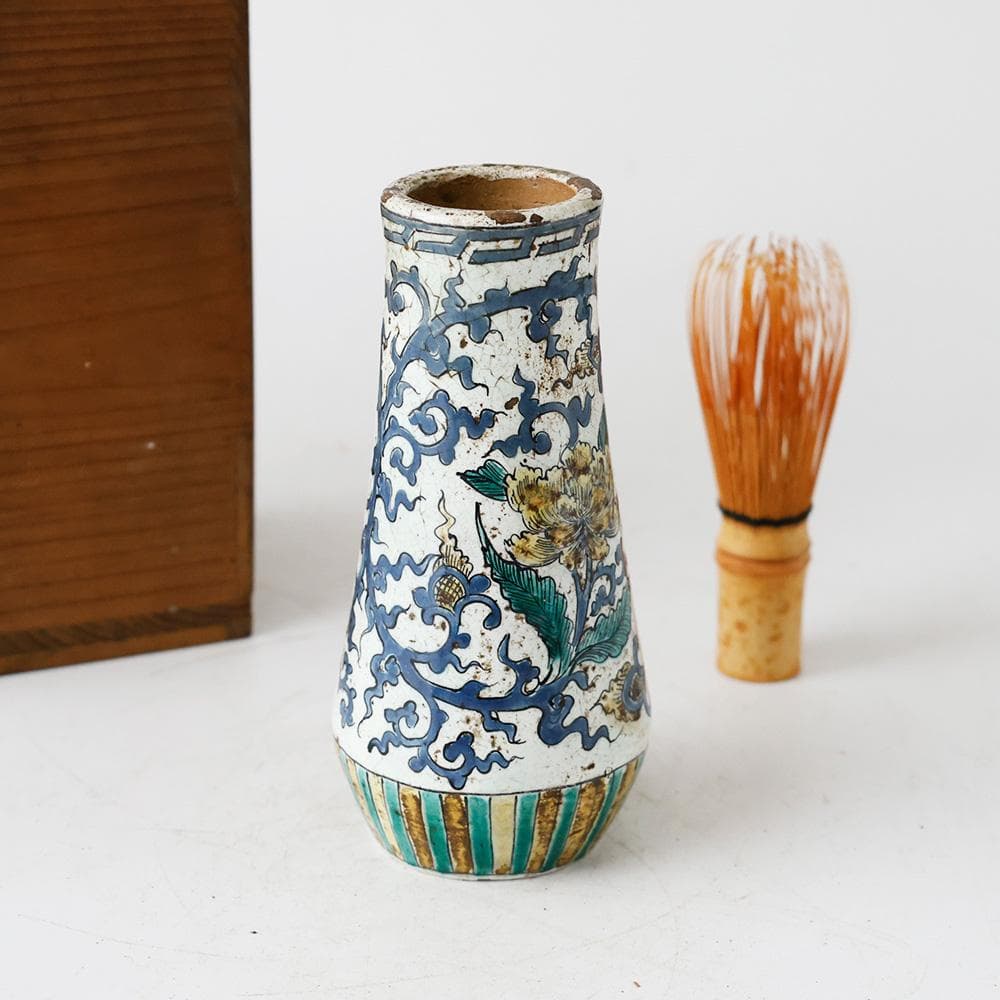 幕末明治 古陶 九谷焼 色絵 花唐草文 花入 花器 貫入 古美術 古道具 合箱
