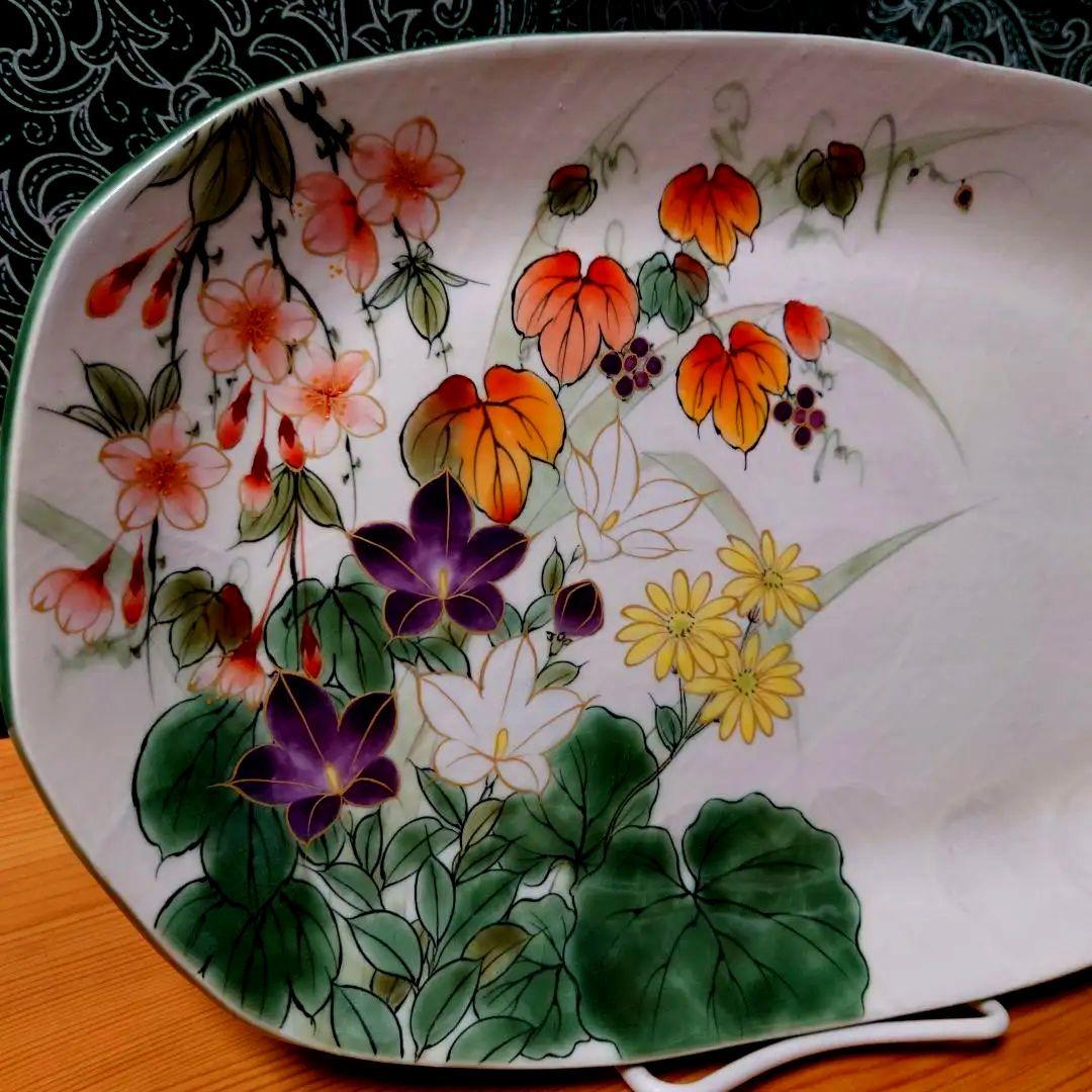 京焼 陶葊 31cm✕21cm 桜 山葡萄 桔梗 石蕗の花 楕円 皿 飾皿
