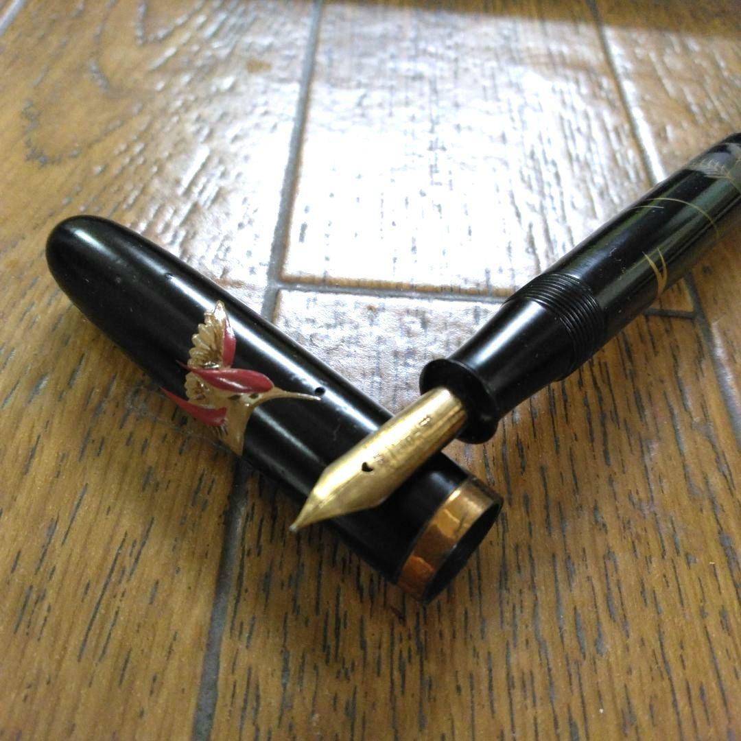 【稀少・貴重】戦前　漆塗　蒔絵万年筆　14K　インク止め　大正　昭和初期　古道具