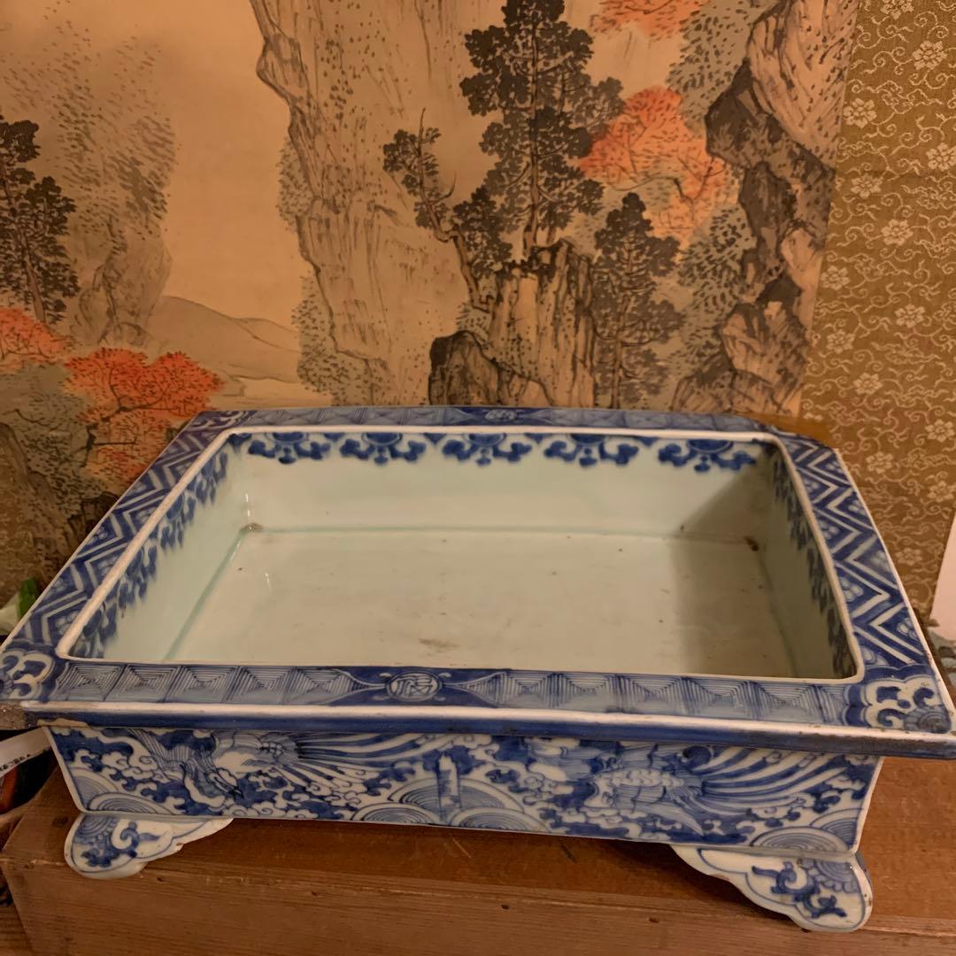 水盤  龍凤図　青華染附  大珍品　明治初期   アンティーク241