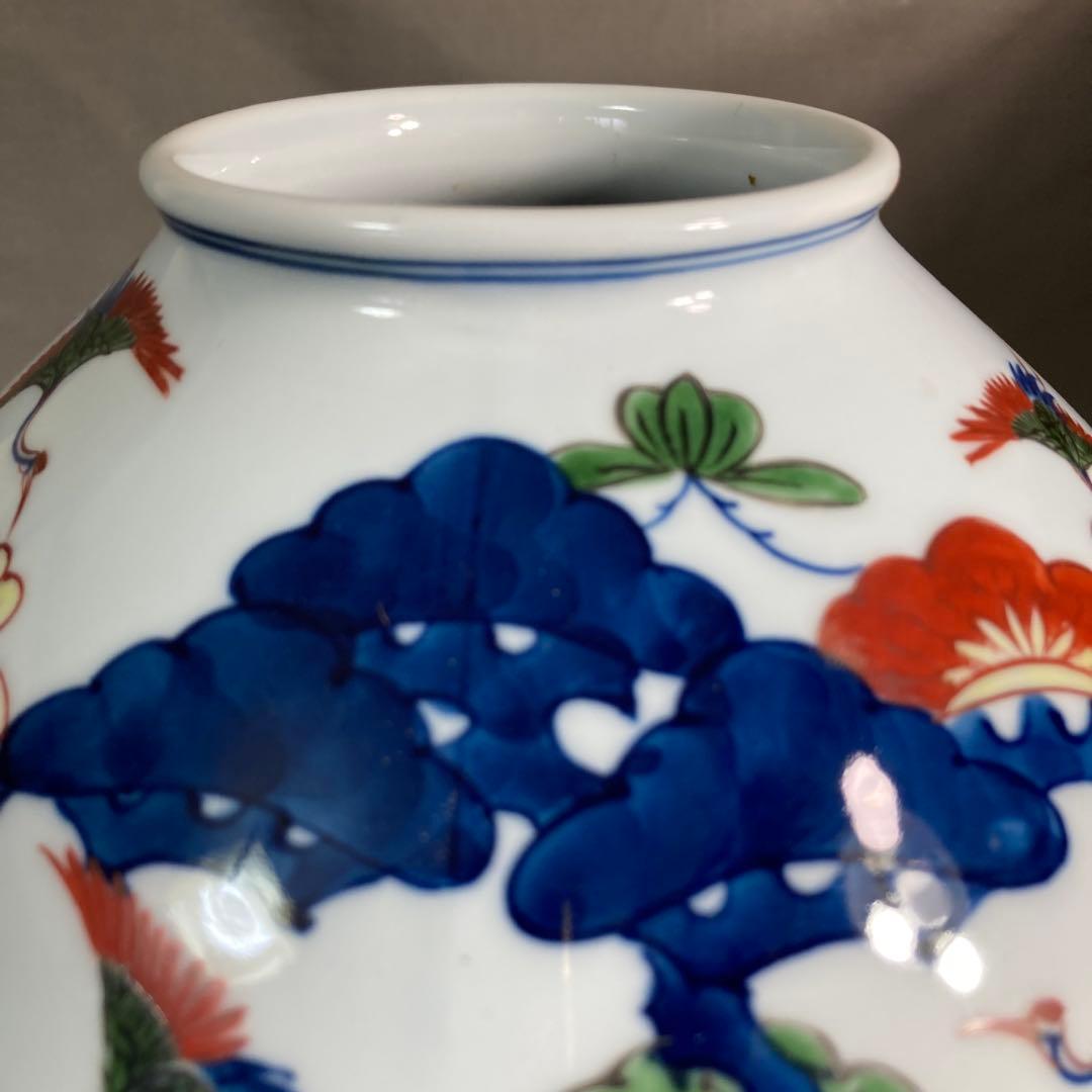 【源右衛門】古伊万里の伝統　日本の名窯　舘林源右衛門作　染錦松鶴文　花瓶