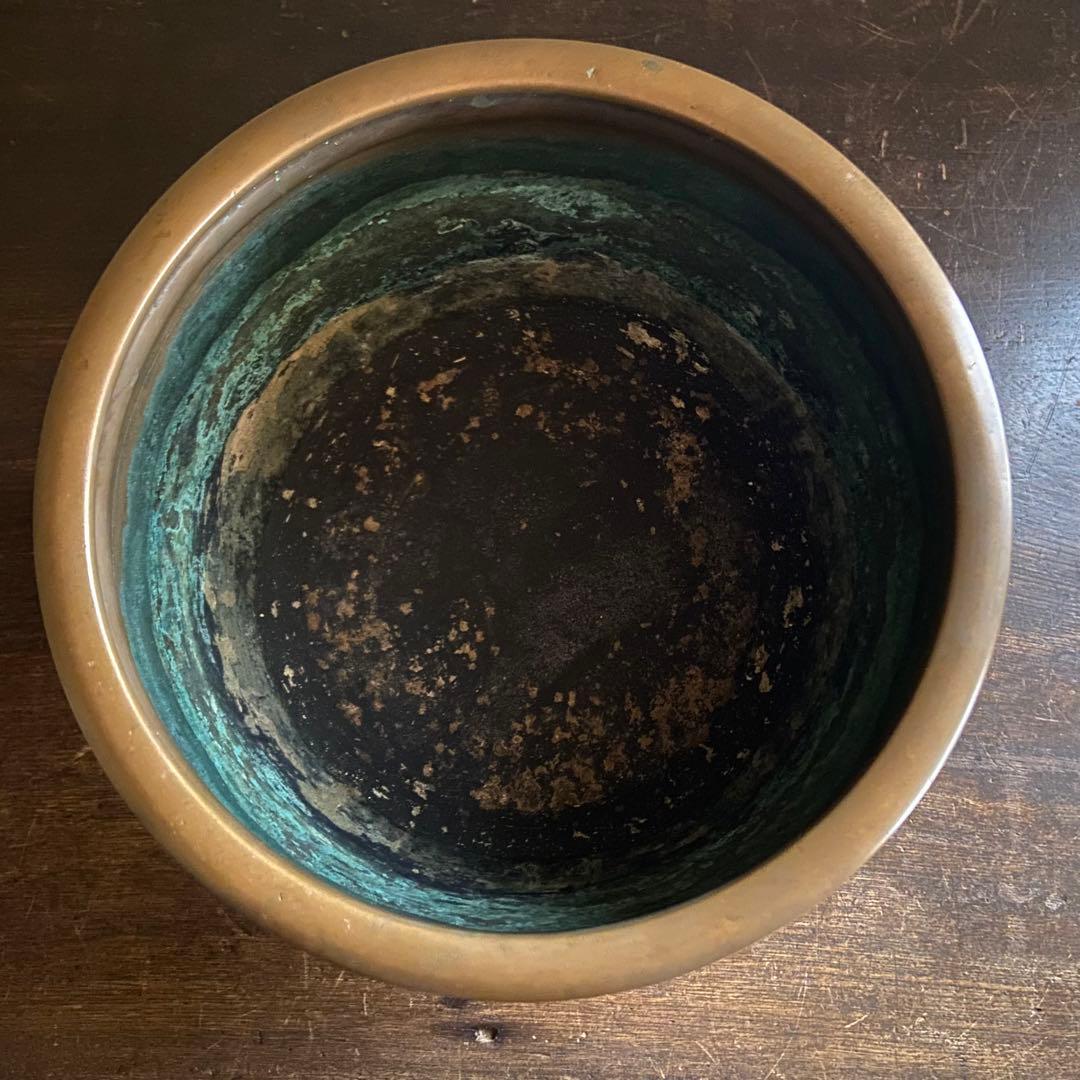 唐銅製　脚付火鉢　木製台付き　共箱　骨董　茶道具