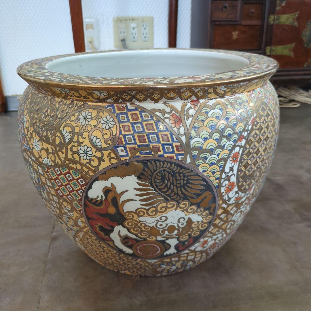 骨董 金魚 鉢 水鉢 めだか 睡蓮鉢 鉢カバー テーブル 金箔装飾 陶器鉢