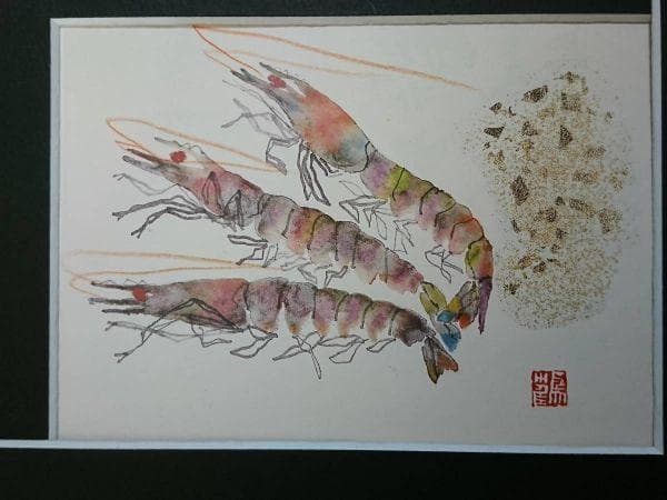 片岡 鶴太郎、【海老】、希少画集画、状態良好、四季、自然、新品額 額装付