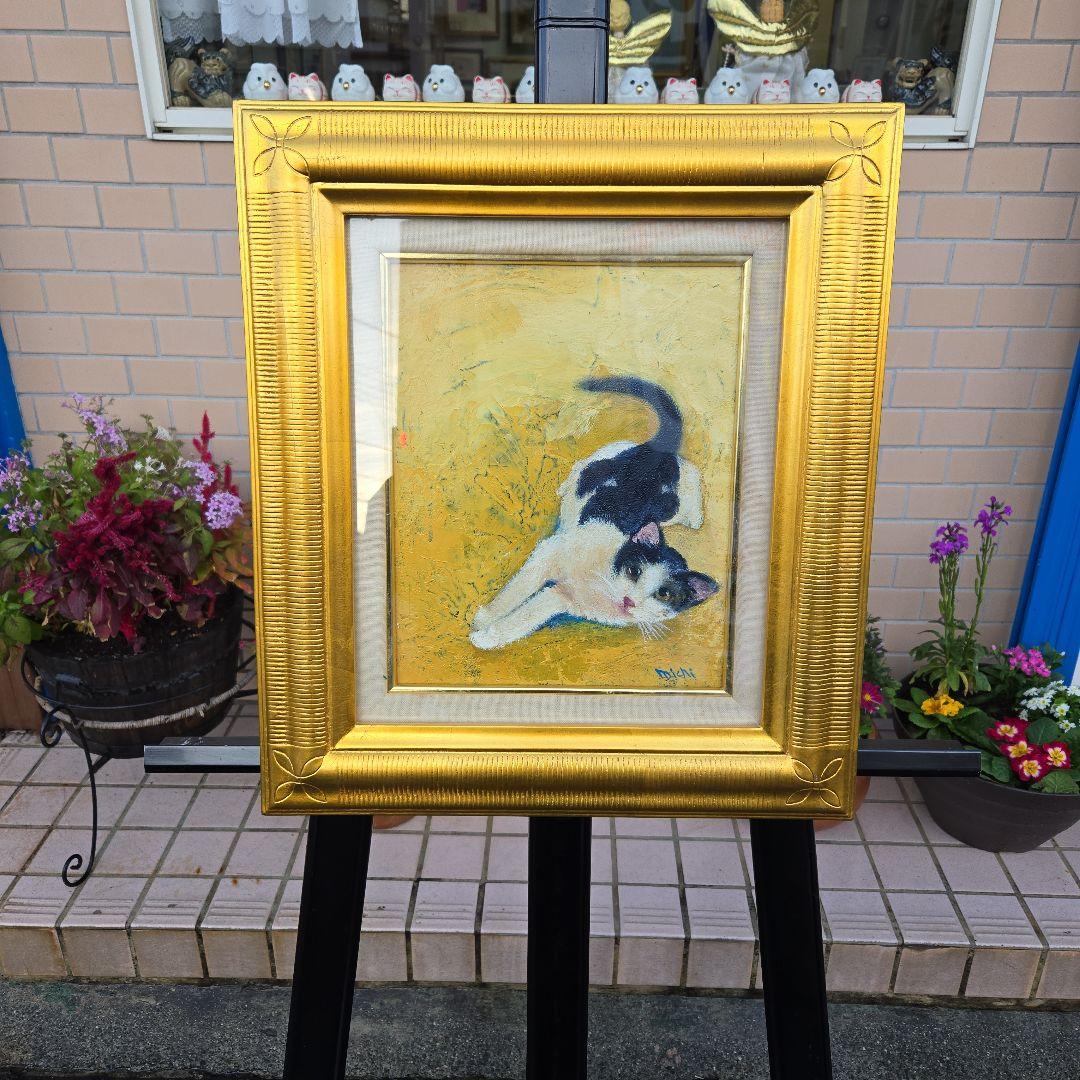 猫の油彩画 　可愛い猫　金色フレーム付き