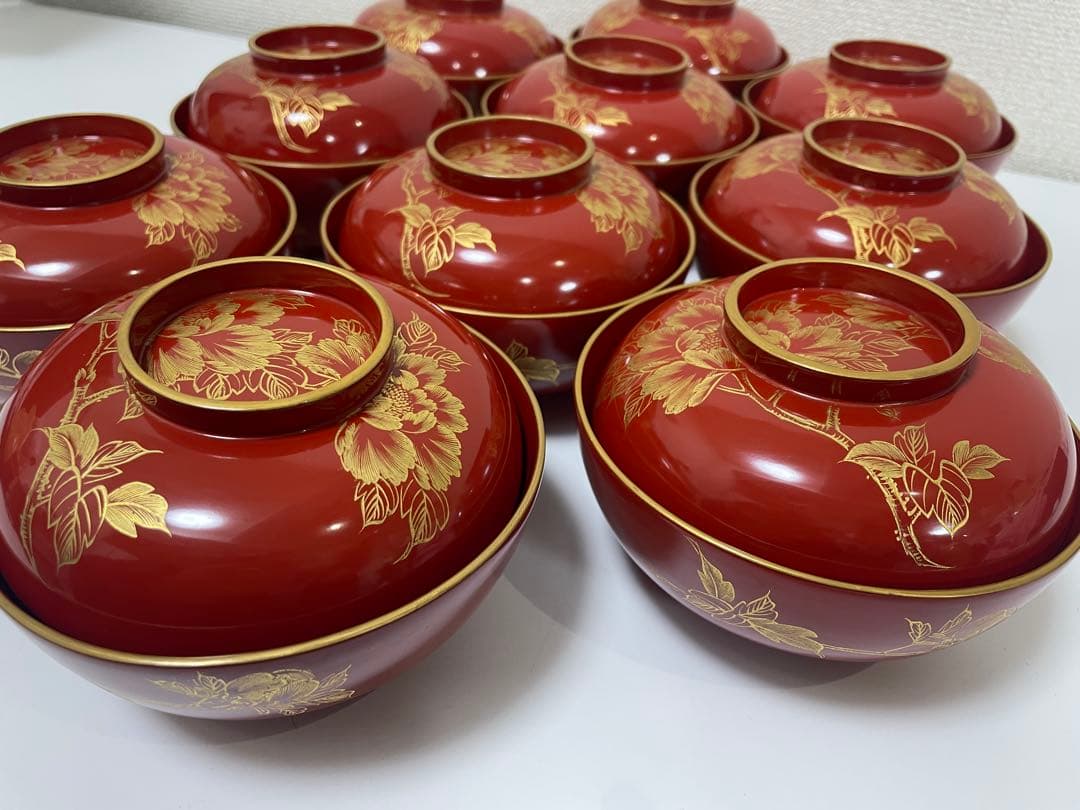 漆器 朱漆 内朱塗 漆器 吸物 懐石椀 煮物椀 10 客 牡丹柄 アンティーク