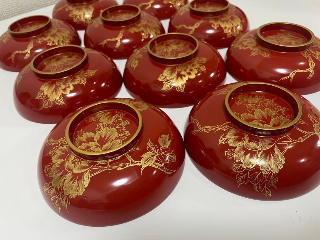 漆器 朱漆 内朱塗 漆器 吸物 懐石椀 煮物椀 10 客 牡丹柄 アンティーク
